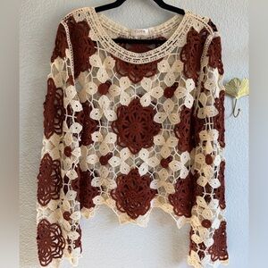 Elegant Crochet Lace Blouse - Cream and Brown